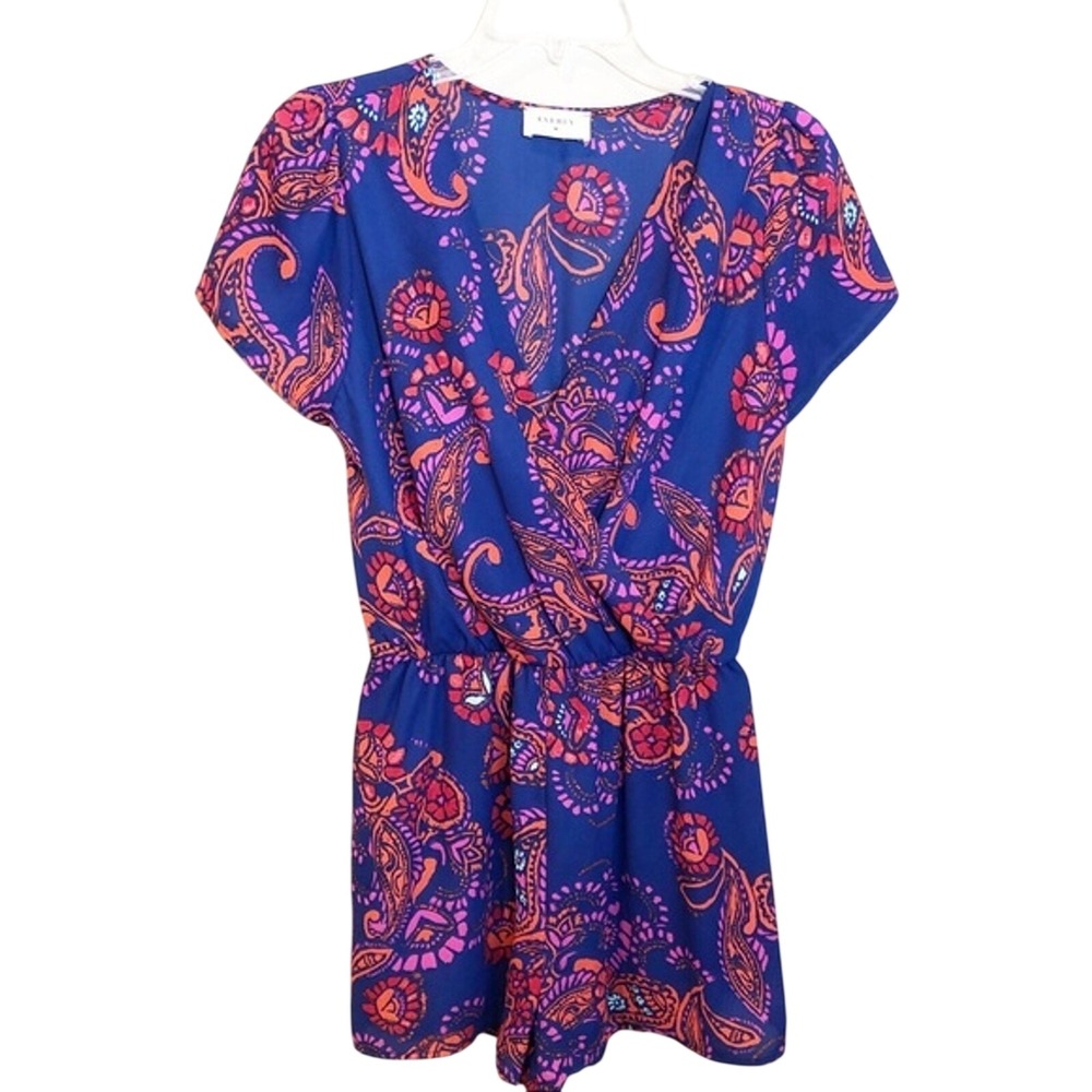 Everly Womens Paisley Floral Faux Wrap Romper Blue Pink Orange Short Sleeve S